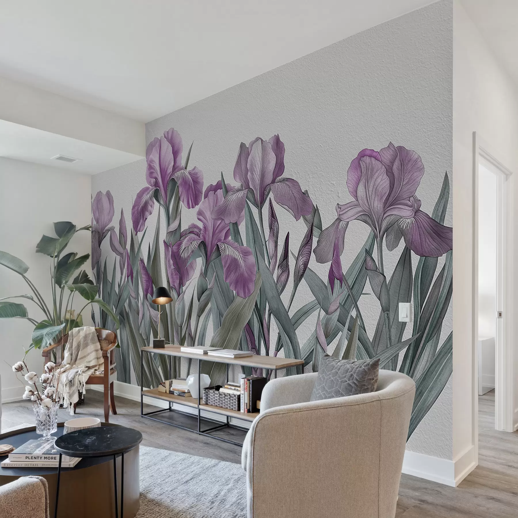 wall murals Large painted pink irises on a white concrete wall w07949v1