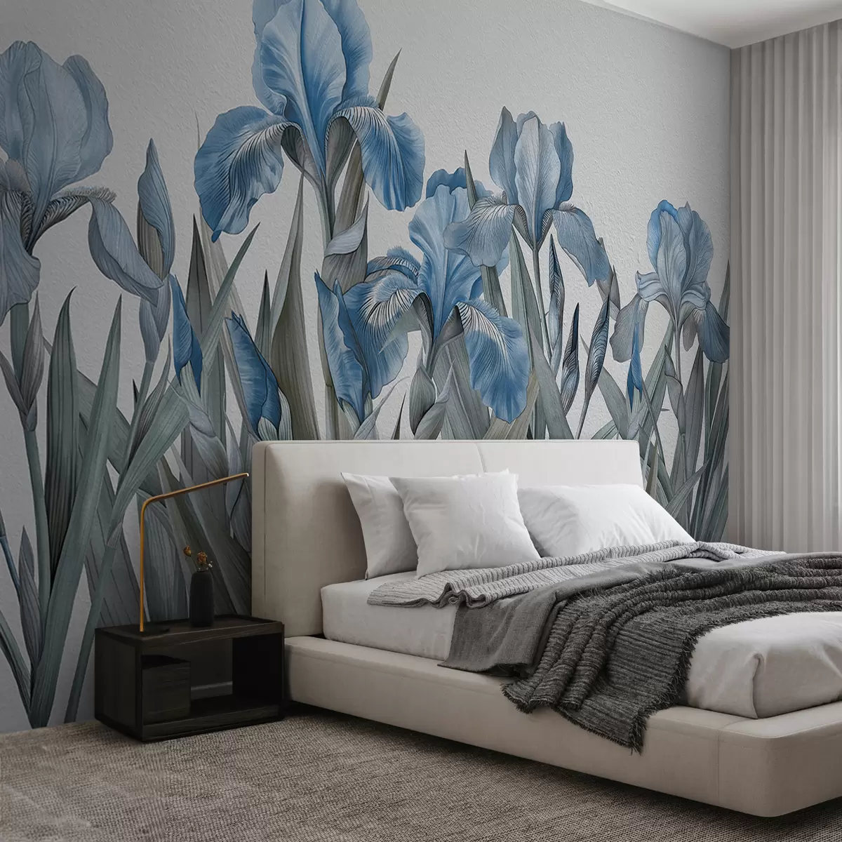 wall murals Large painted blue irises on a white concrete wall w07949v4