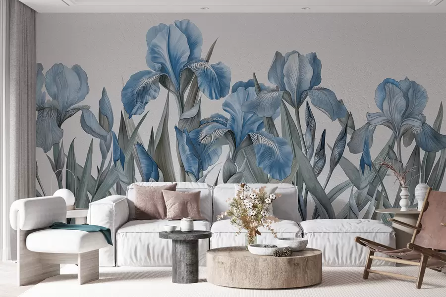 wall murals Large painted blue irises on a white concrete wall w07949v4