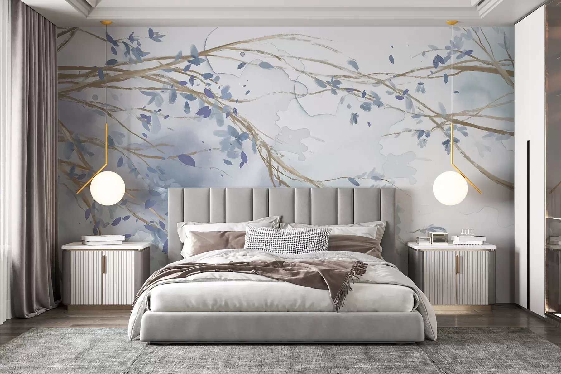 wall murals Delicate blue and white floral branches with soft, blurred watercolor background w07919
