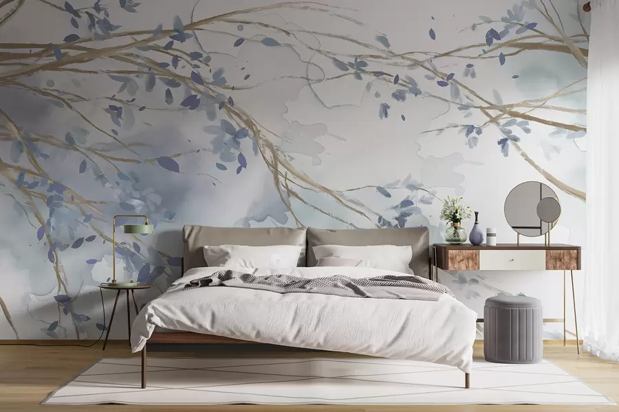 wall murals Delicate blue and white floral branches with soft, blurred watercolor background w07919