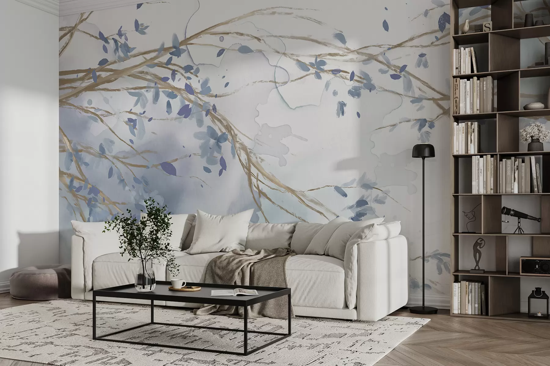 wall murals Delicate blue and white floral branches with soft, blurred watercolor background w07919