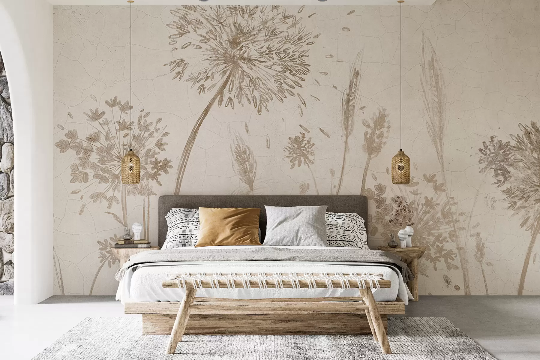 wall murals A field of dandelions and other wildflowers against a soft, hazy background w07921