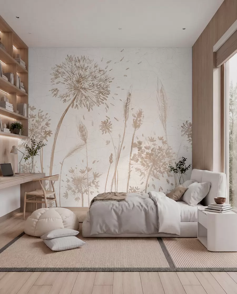 wall murals A field of dandelions and other wildflowers against a soft, hazy background w07921