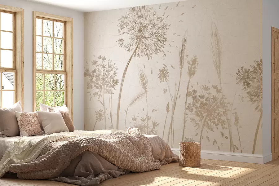 wall murals A field of dandelions and other wildflowers against a soft, hazy background w07921