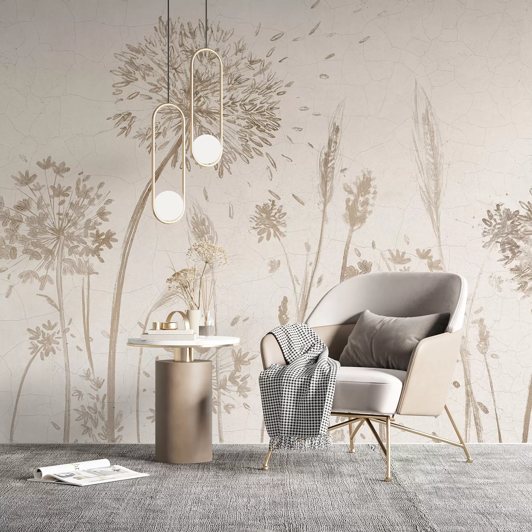 wall murals A field of dandelions and other wildflowers against a soft, hazy background w07921