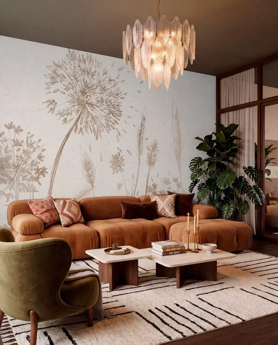 wall murals A field of dandelions and other wildflowers against a soft, hazy background w07921