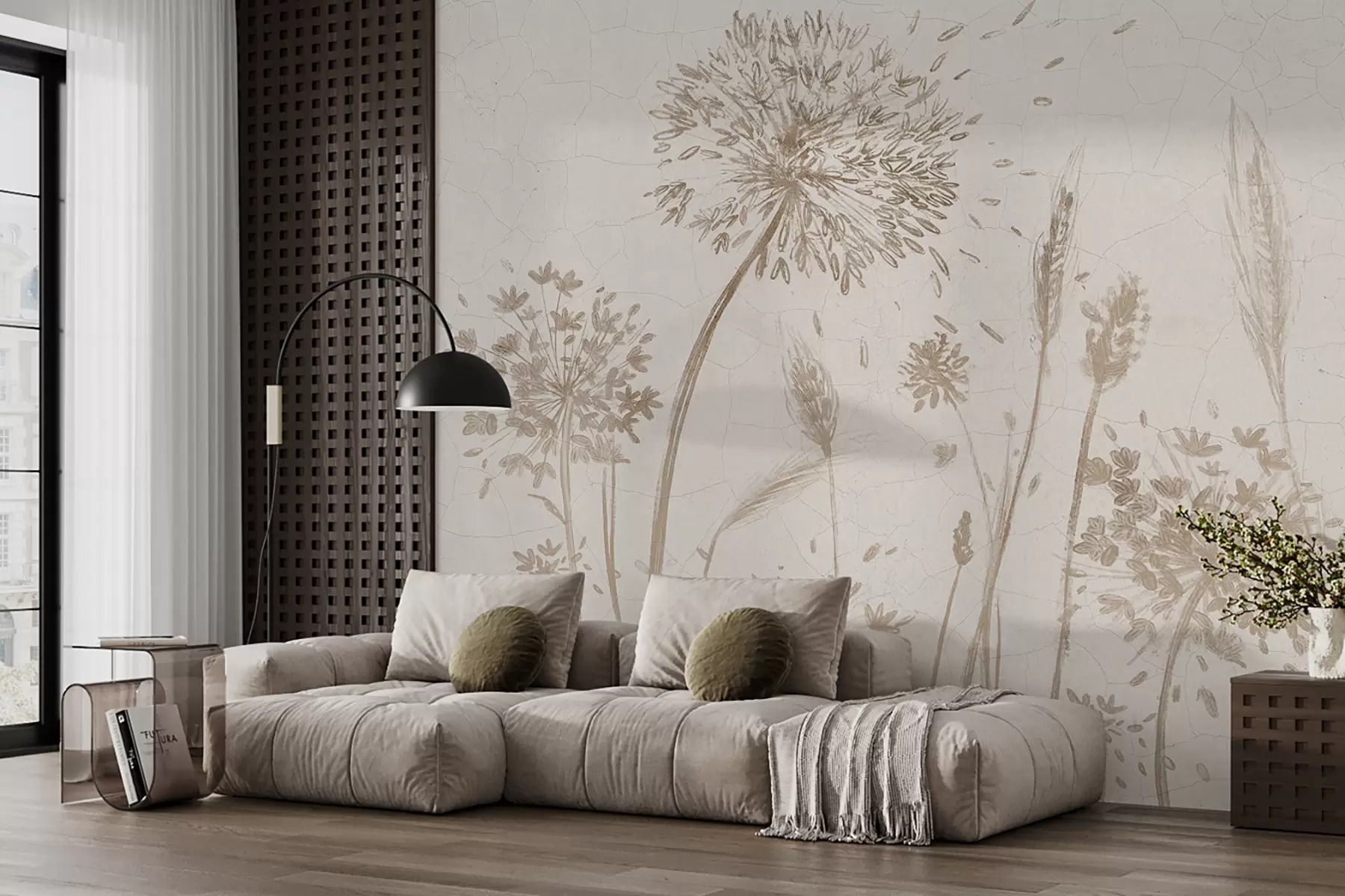 wall murals A field of dandelions and other wildflowers against a soft, hazy background w07921