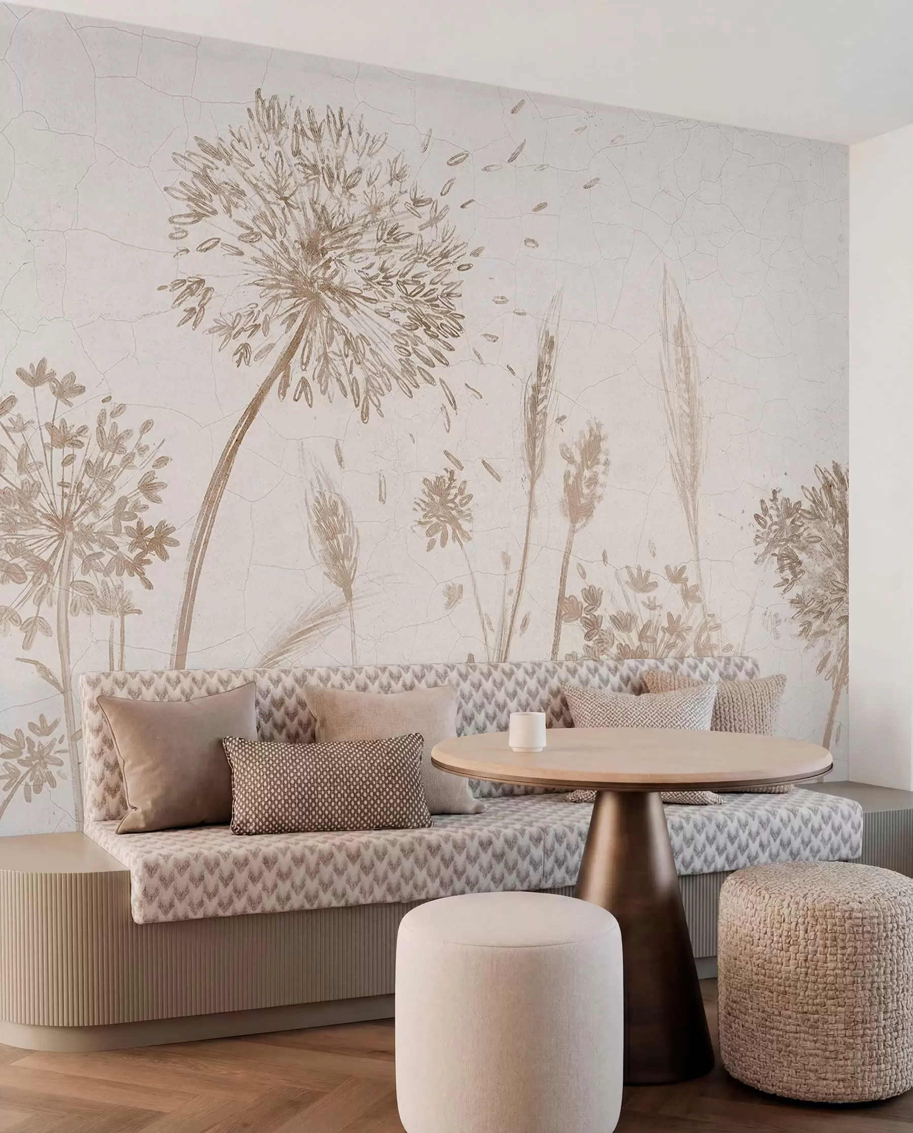 wall murals A field of dandelions and other wildflowers against a soft, hazy background w07921