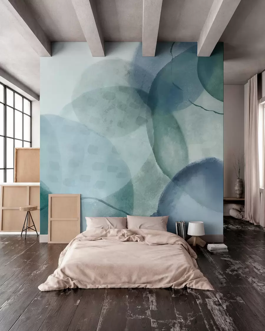 wall murals Soft, watercolor abstract shapes in shades of blue, green, and white w07926