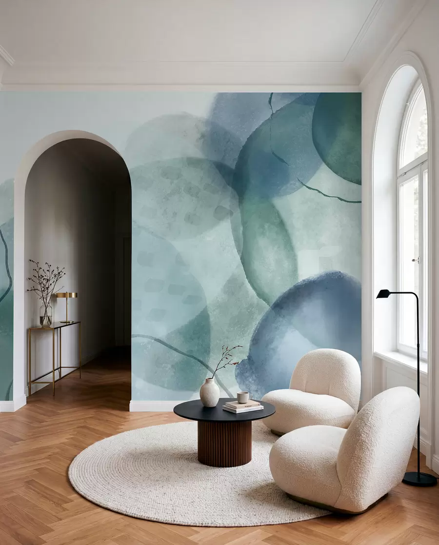 wall murals Soft, watercolor abstract shapes in shades of blue, green, and white w07926