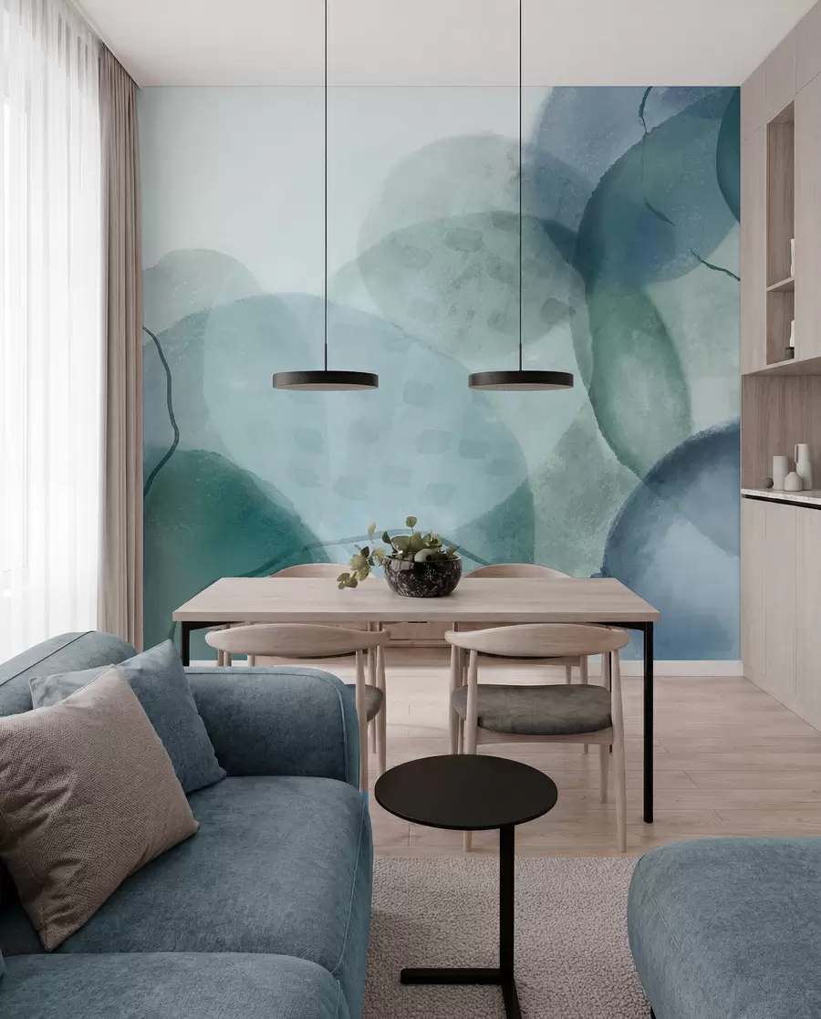 wall murals Soft, watercolor abstract shapes in shades of blue, green, and white w07926
