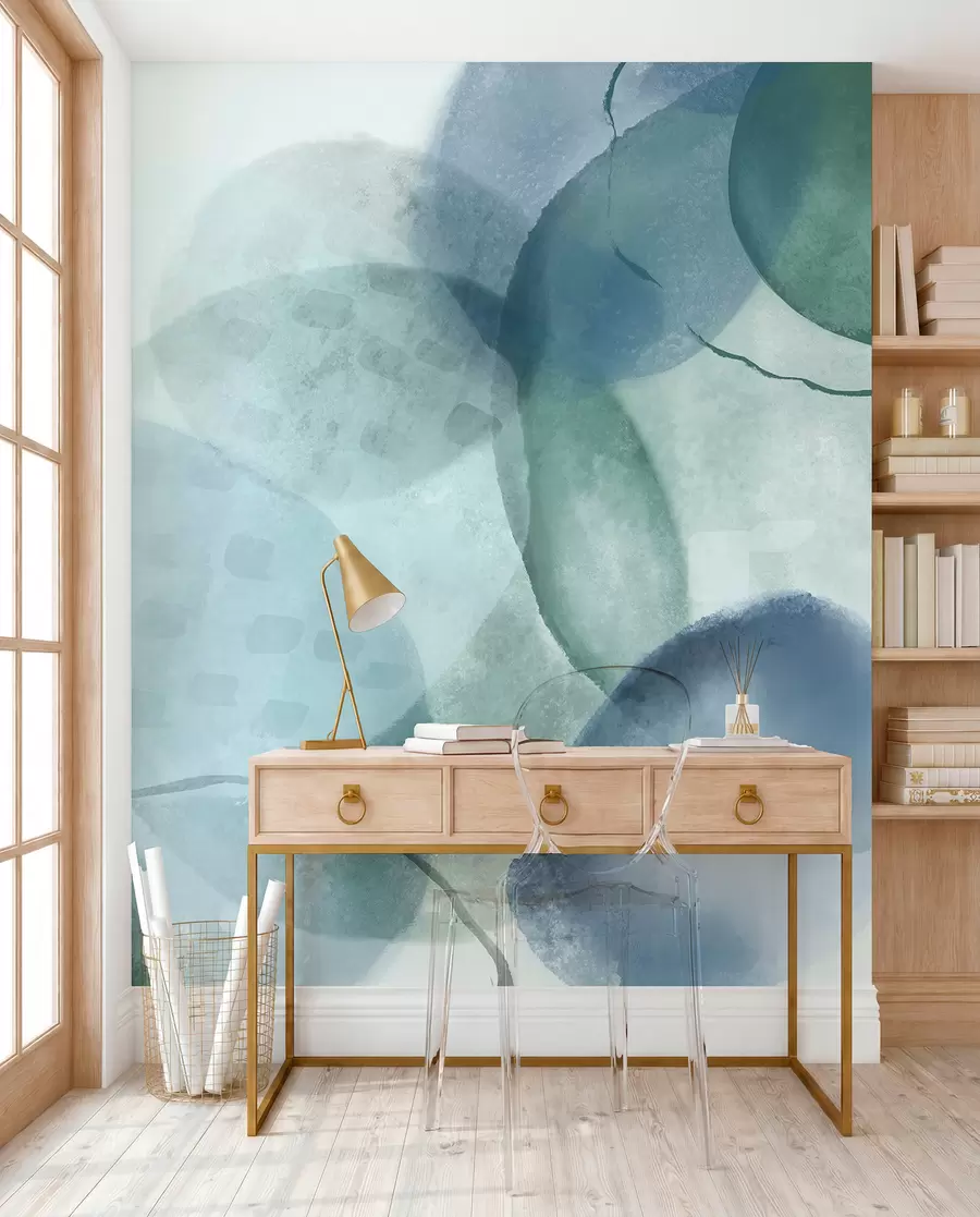 wall murals Soft, watercolor abstract shapes in shades of blue, green, and white w07926