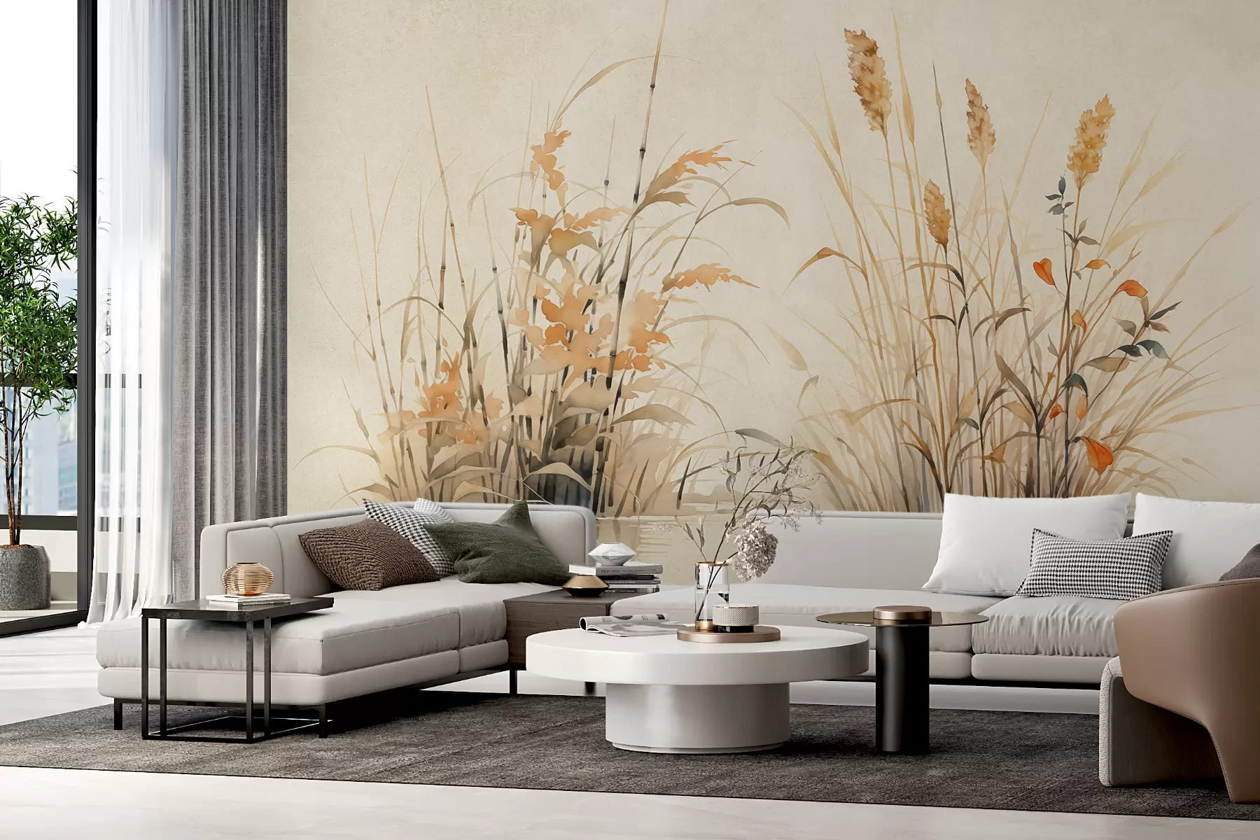 wall murals Reed bushes in a pond texture, watercolor, beige, orange color w07964