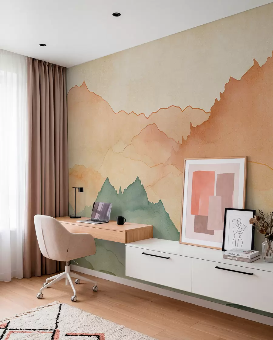 wall murals Mountain ranges, watercolor vintage, pink, blue and yellow color w07965
