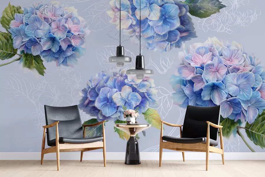 wall murals Hydrangeas, acrylic drawing, line art, botanical, violet colors w07942v5