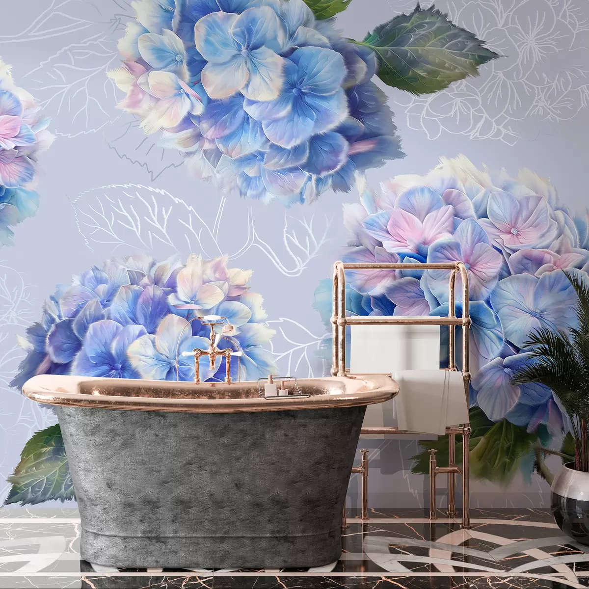 wall murals Hydrangeas, acrylic drawing, line art, botanical, violet colors w07942v5