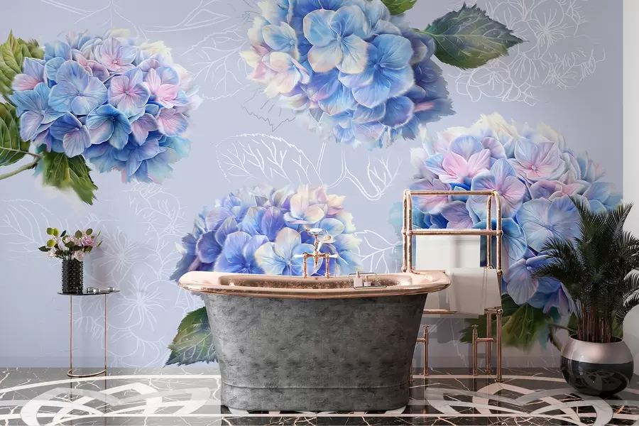 wall murals Hydrangeas, acrylic drawing, line art, botanical, violet colors w07942v5