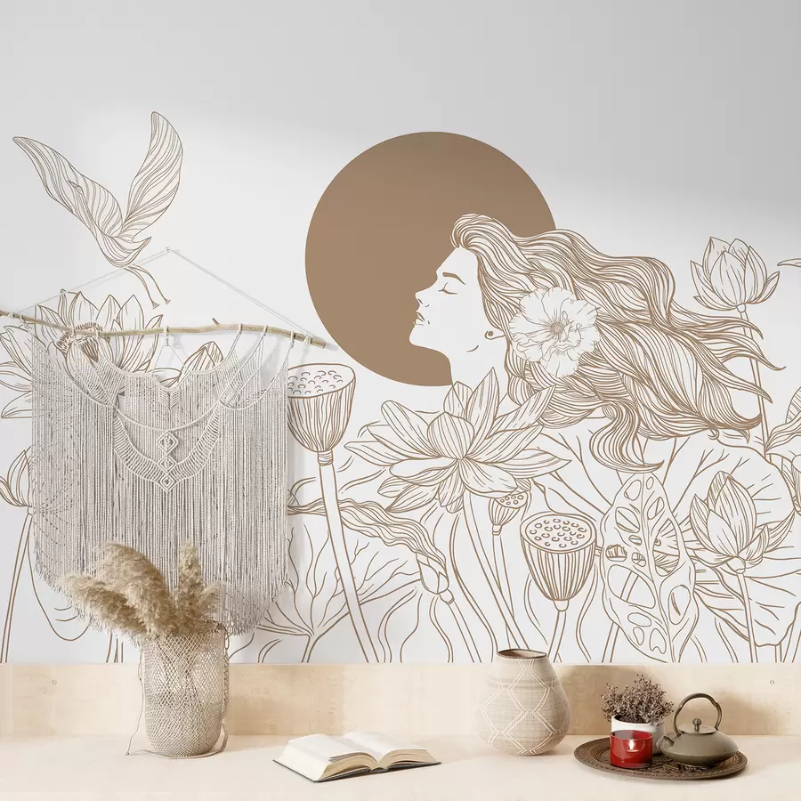 wall murals Woman in the nature, line drawing, lotus flowers, big leaves, flying birds, beige color w07988v1
