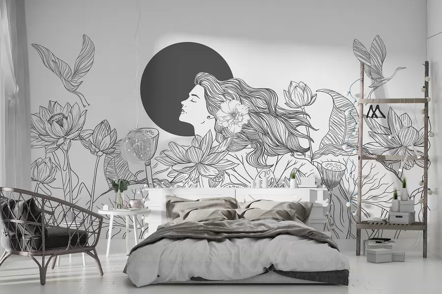 wall murals Woman in the nature, line drawing, lotus flowers, big leaves, flying birds, grey color w07988v2