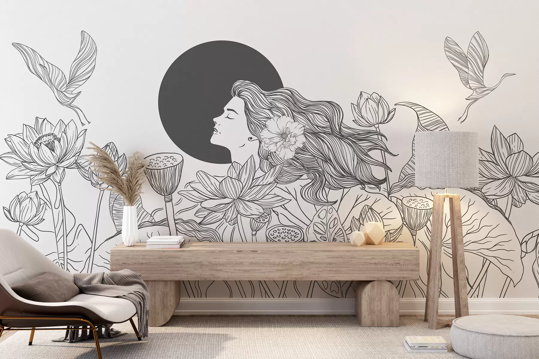 wall murals Woman in the nature, line drawing, lotus flowers, big leaves, flying birds, grey color w07988v2