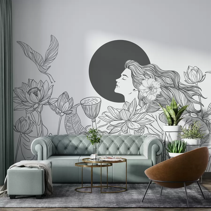wall murals Woman in the nature, line drawing, lotus flowers, big leaves, flying birds, grey color w07988v2