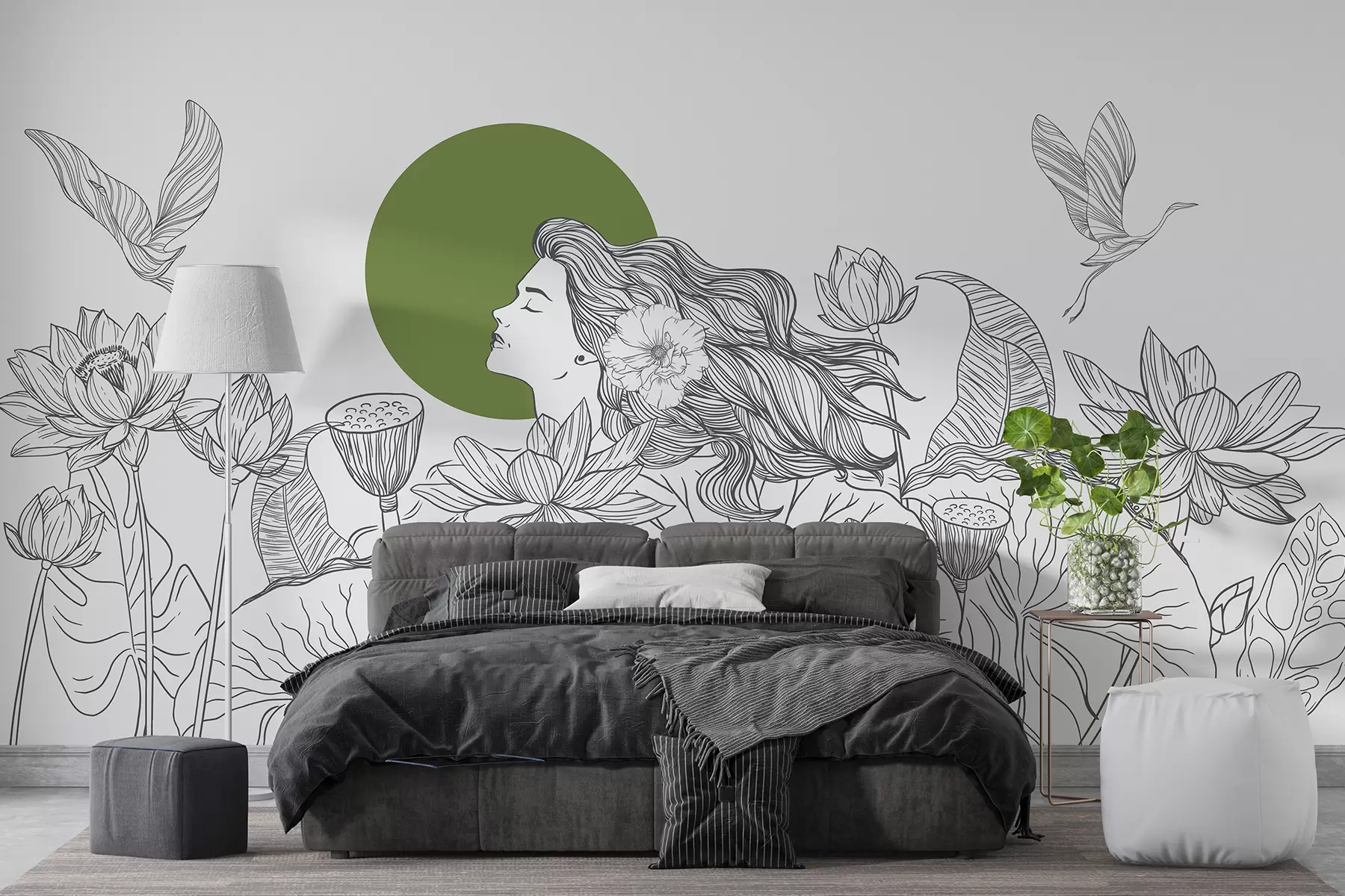 wall murals Woman in the nature, line drawing, lotus flowers, big leaves, flying birds, grey and green color w07988v3