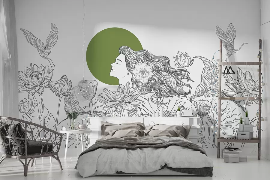 wall murals Woman in the nature, line drawing, lotus flowers, big leaves, flying birds, grey and green color w07988v3