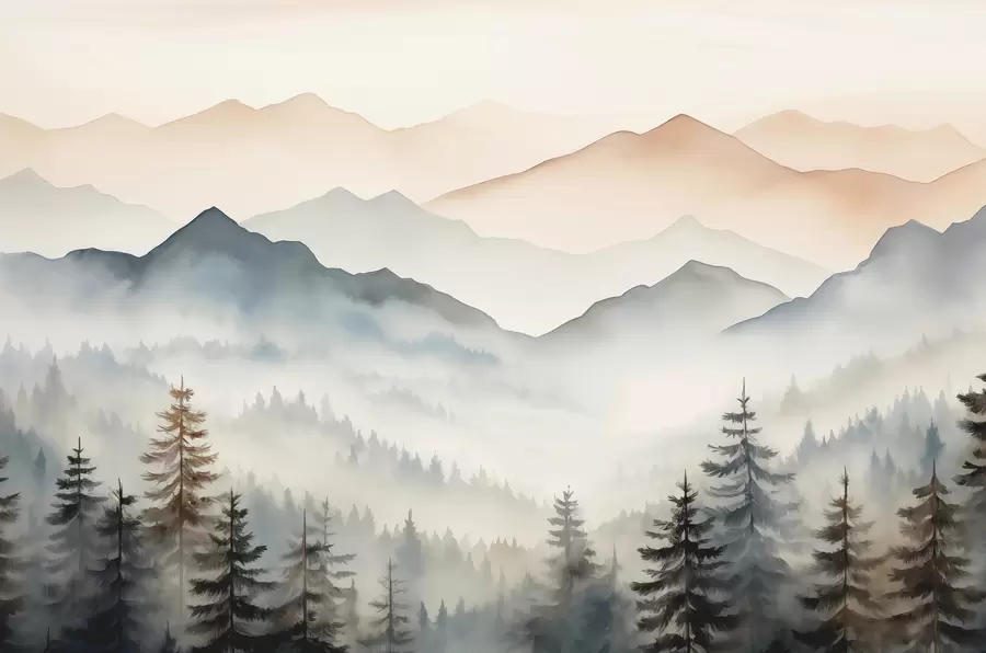 wall murals Mountain ranges against the forest watercolor w08024