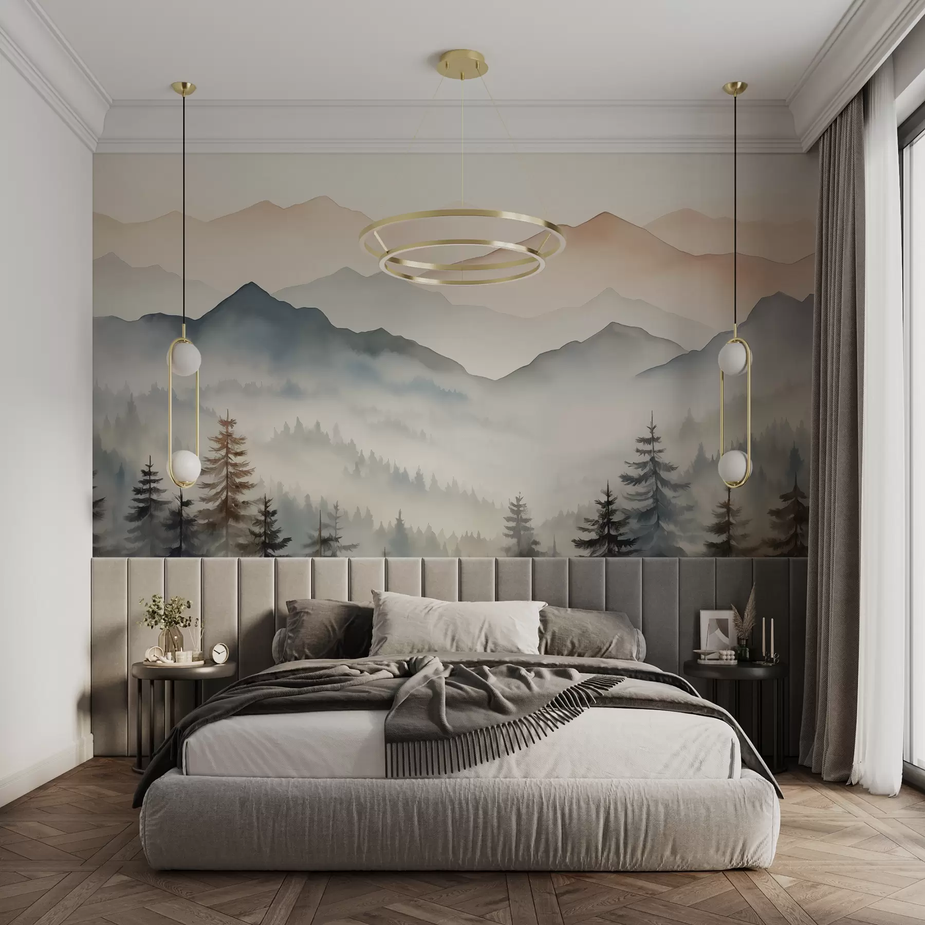 wall murals Mountain ranges against the forest watercolor w08024