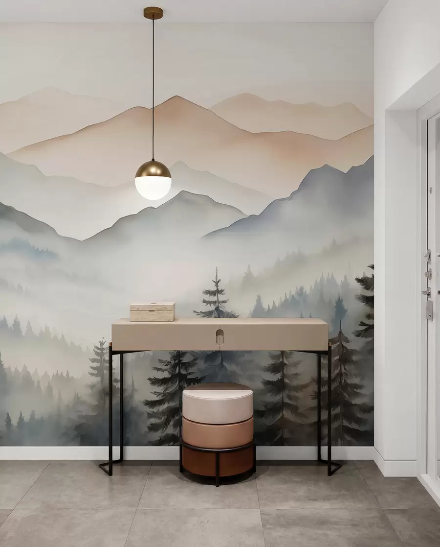 wall murals Mountain ranges against the forest watercolor w08024