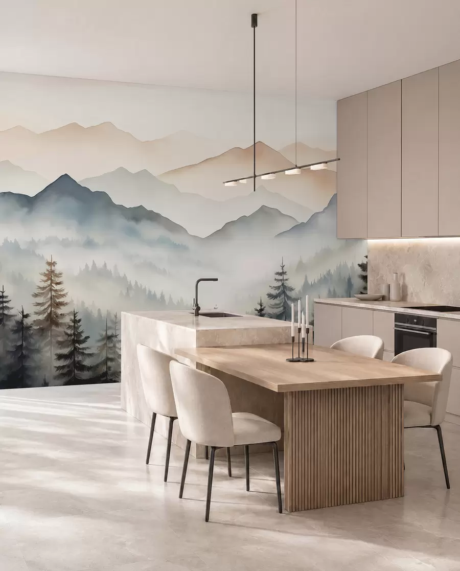 wall murals Mountain ranges against the forest watercolor w08024