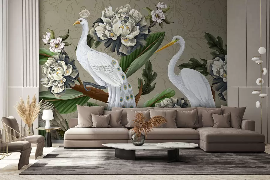 wall murals A pair of white peacocks with long tails surrounded by large white peony flowers and lush green foliage w07975