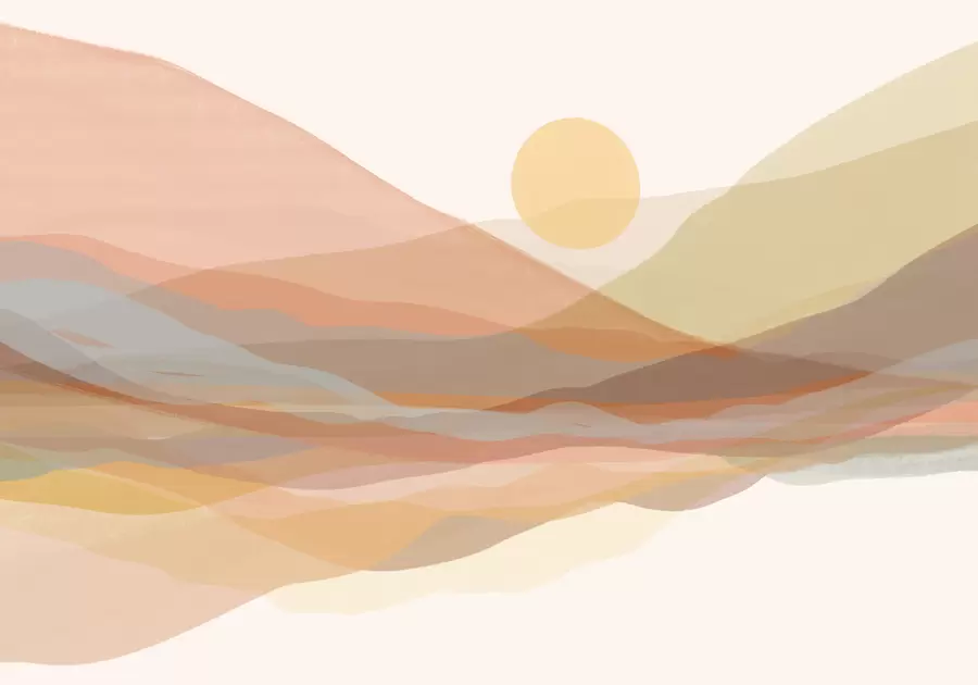 wall murals Mountainous landscape with a warm sun in the sky, rolling hills in shades of orange, yellow, and brown w07976