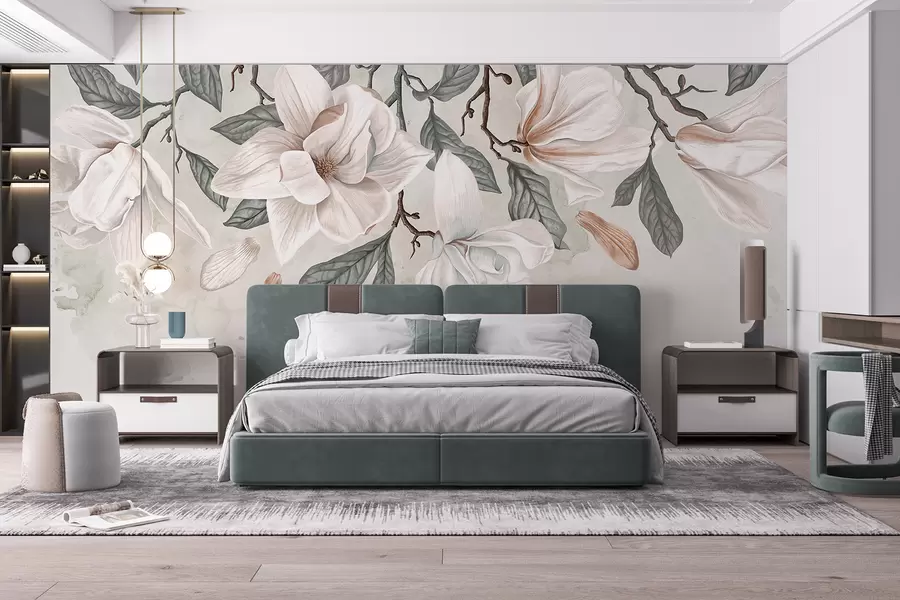 wall murals Delicate pink and white magnolia flowers with green leaves on a light background, a soft, floral composition w07977