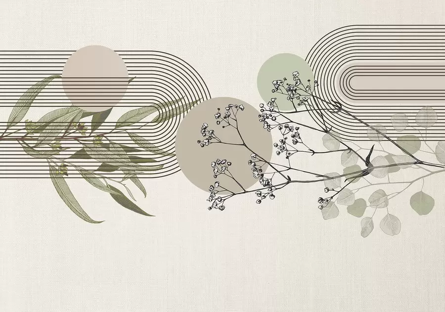wall murals A minimalist  abstraction with organic shapes, stylized tree branches or plants with delicate floral details w07979