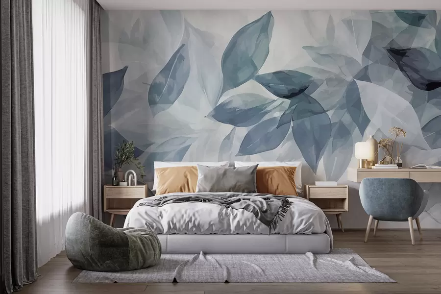 wall murals Soft gray and white watercolor leaves with a blurred, ethereal background w07981