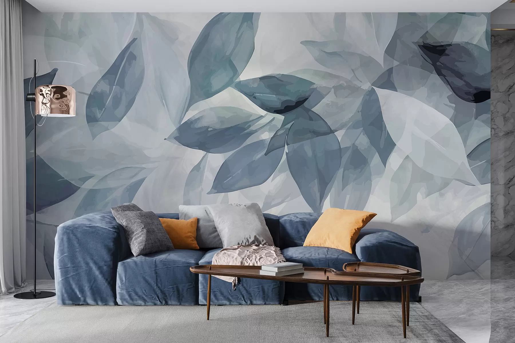 wall murals Soft gray and white watercolor leaves with a blurred, ethereal background w07981