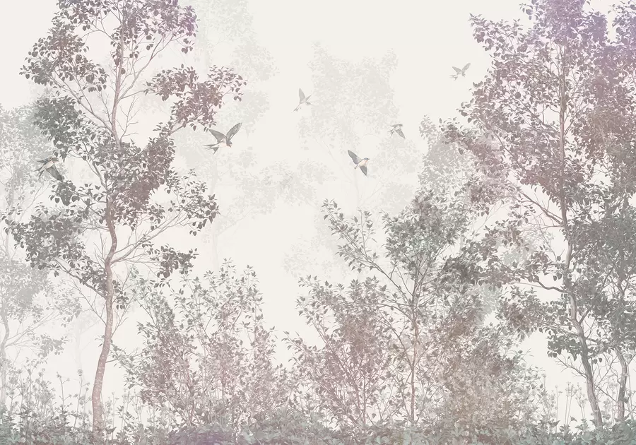 wall murals Trees with brown and gray leaves and branches with birds flying in the sky, white background w07982