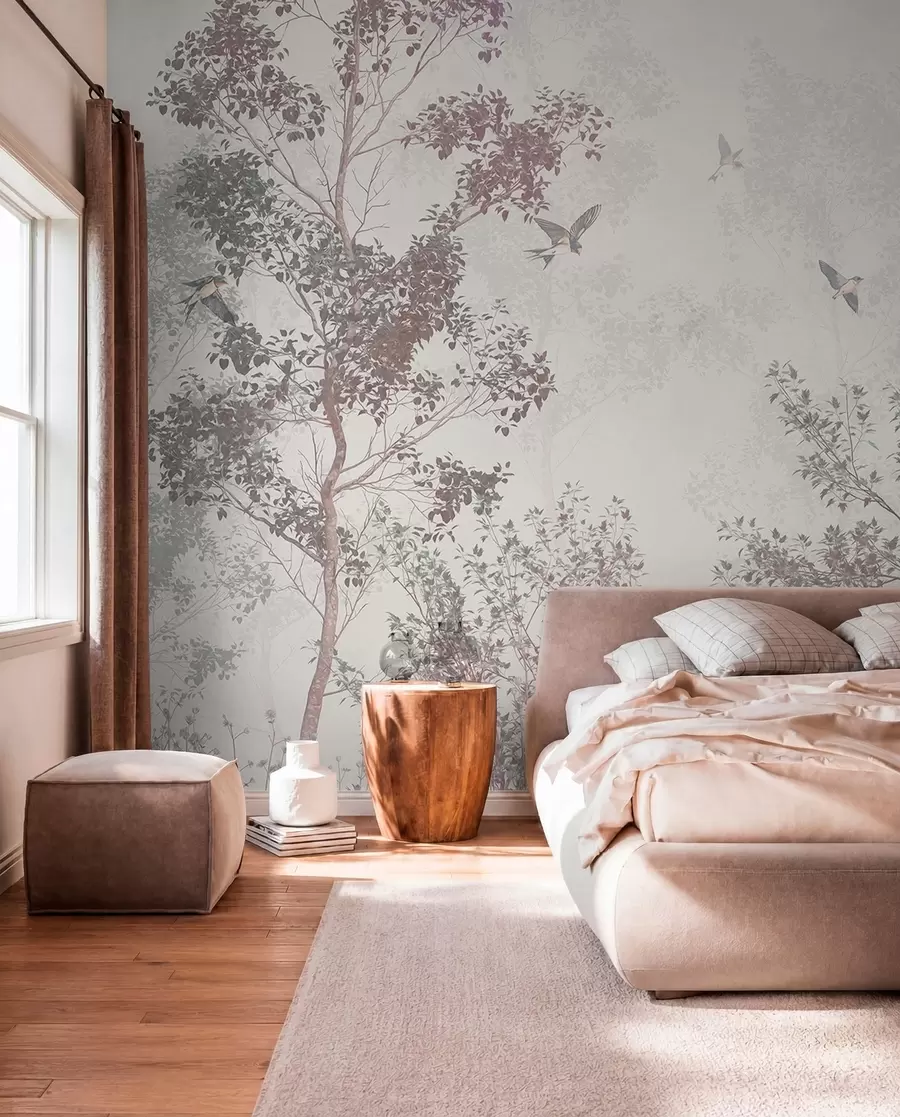 wall murals Trees with brown and gray leaves and branches with birds flying in the sky, white background w07982