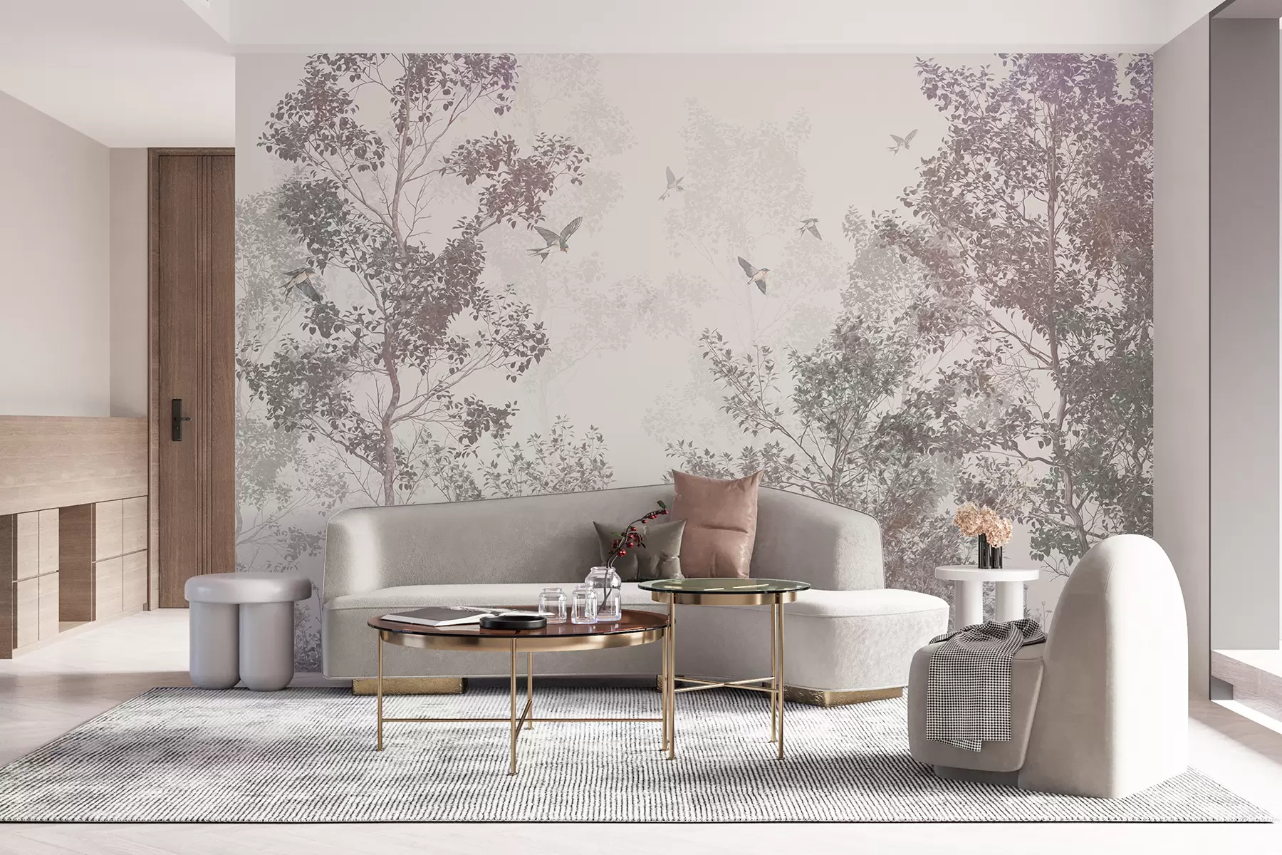 wall murals Trees with brown and gray leaves and branches with birds flying in the sky, white background w07982