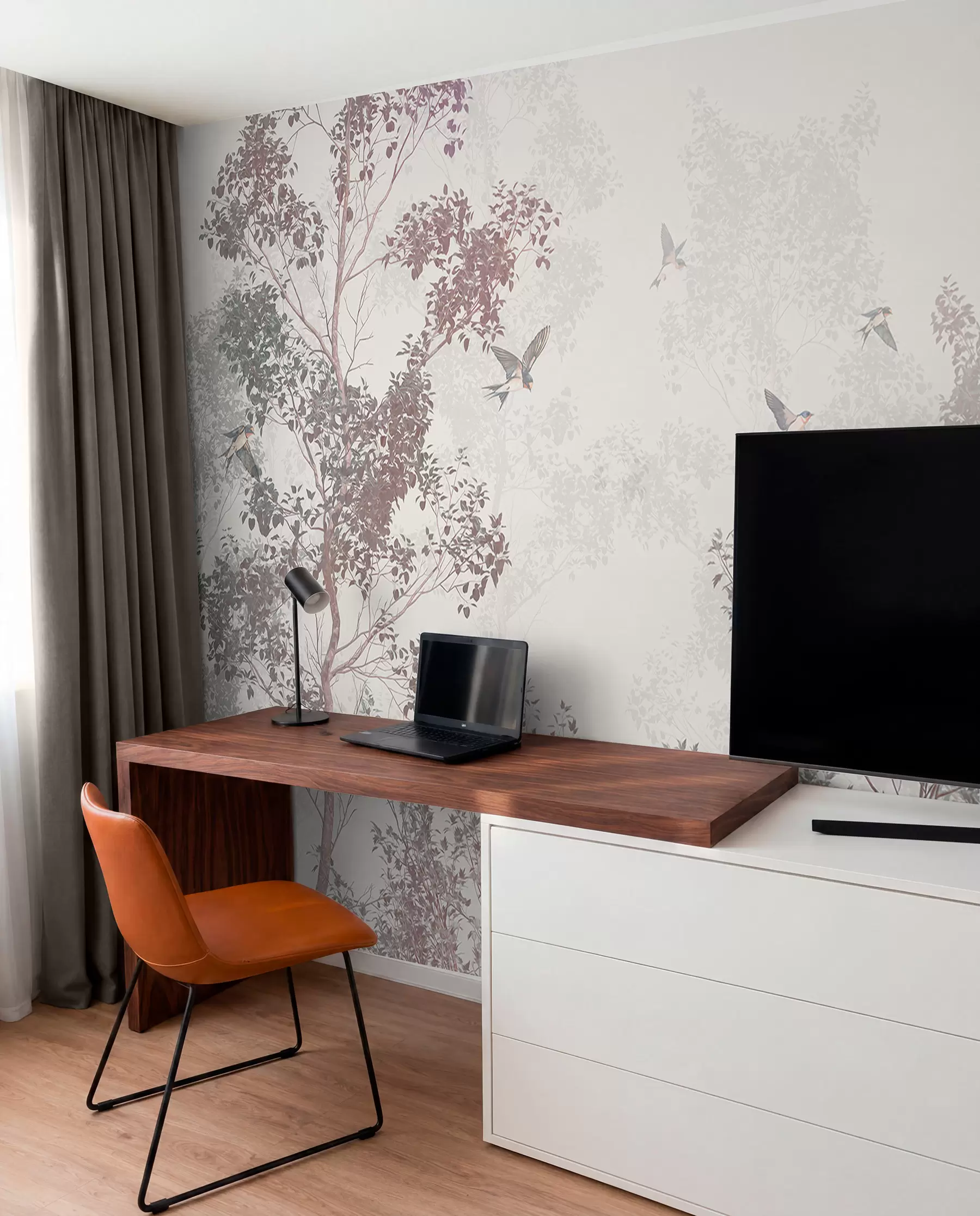 wall murals Trees with brown and gray leaves and branches with birds flying in the sky, white background w07982