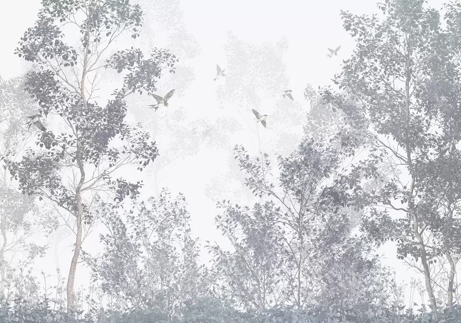 wall murals Trees with gray leaves and branches with birds flying in the sky, white background w07982v1
