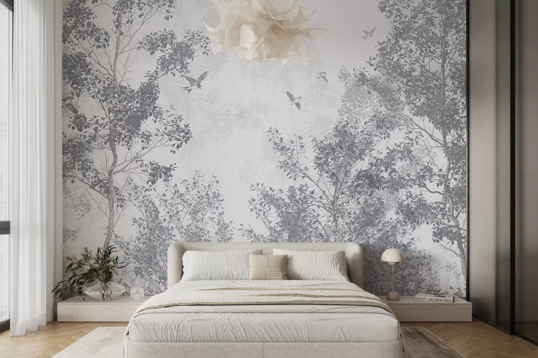 wall murals Trees with gray leaves and branches with birds flying in the sky, white background w07982v1