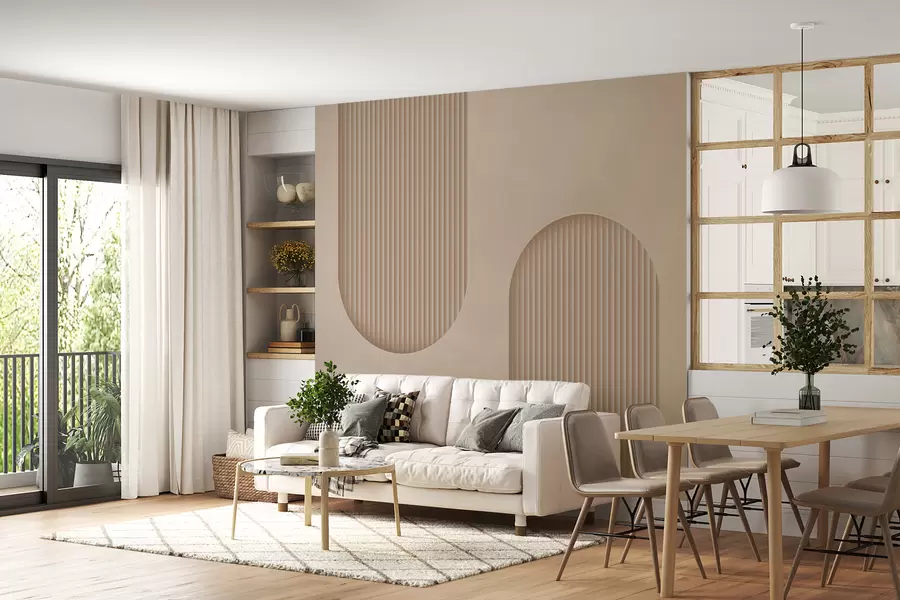 wall murals Art Deco textured wallpaper in warm beige tones. Imitation of volumetric arches w08048