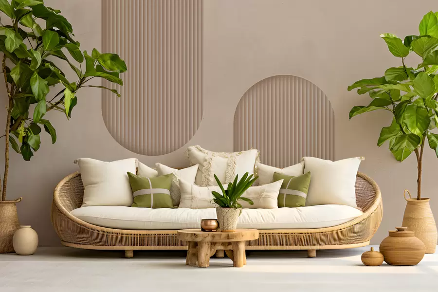 wall murals Art Deco textured wallpaper in warm beige tones. Imitation of volumetric arches w08048