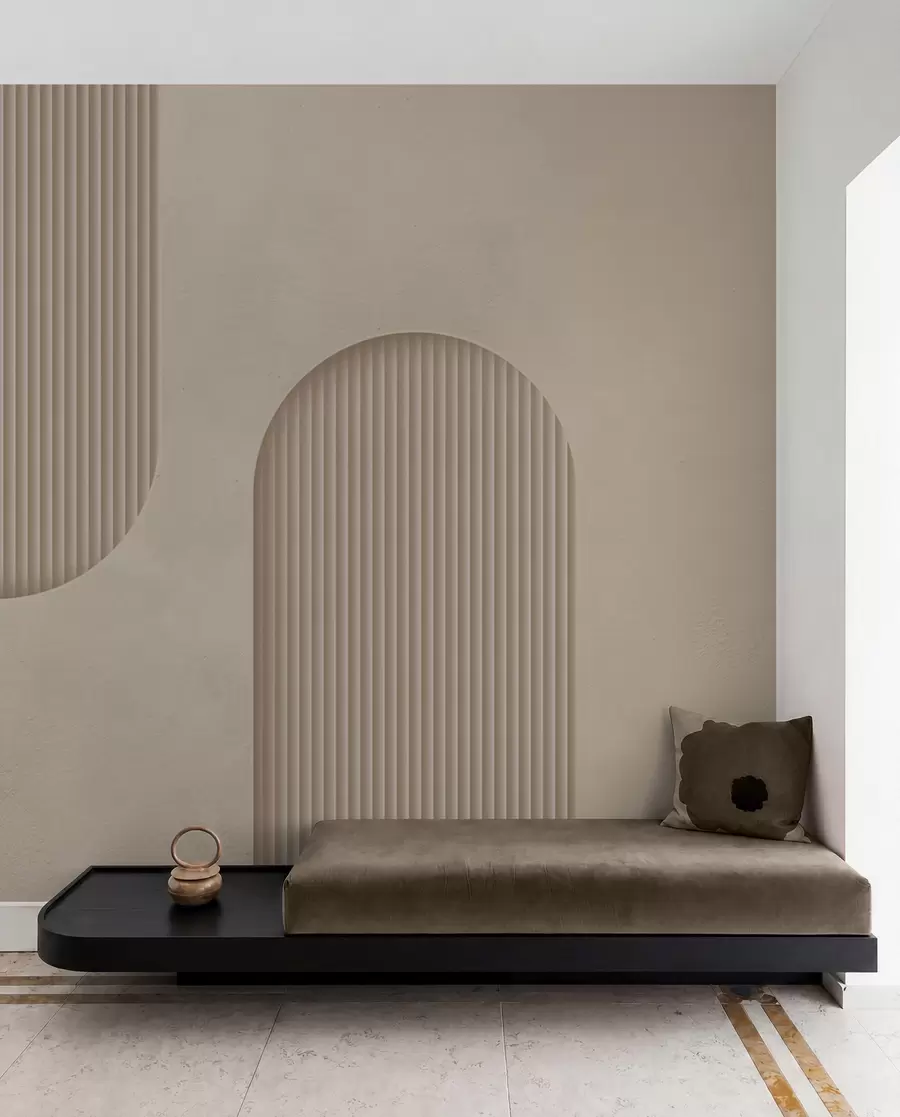wall murals Art Deco textured wallpaper in warm beige tones. Imitation of volumetric arches w08048