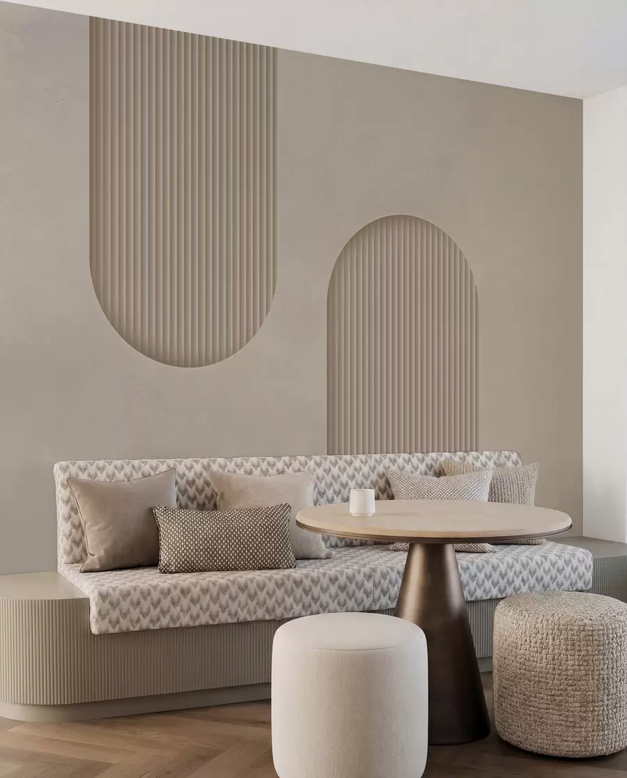 wall murals Art Deco textured wallpaper in warm beige tones. Imitation of volumetric arches w08048