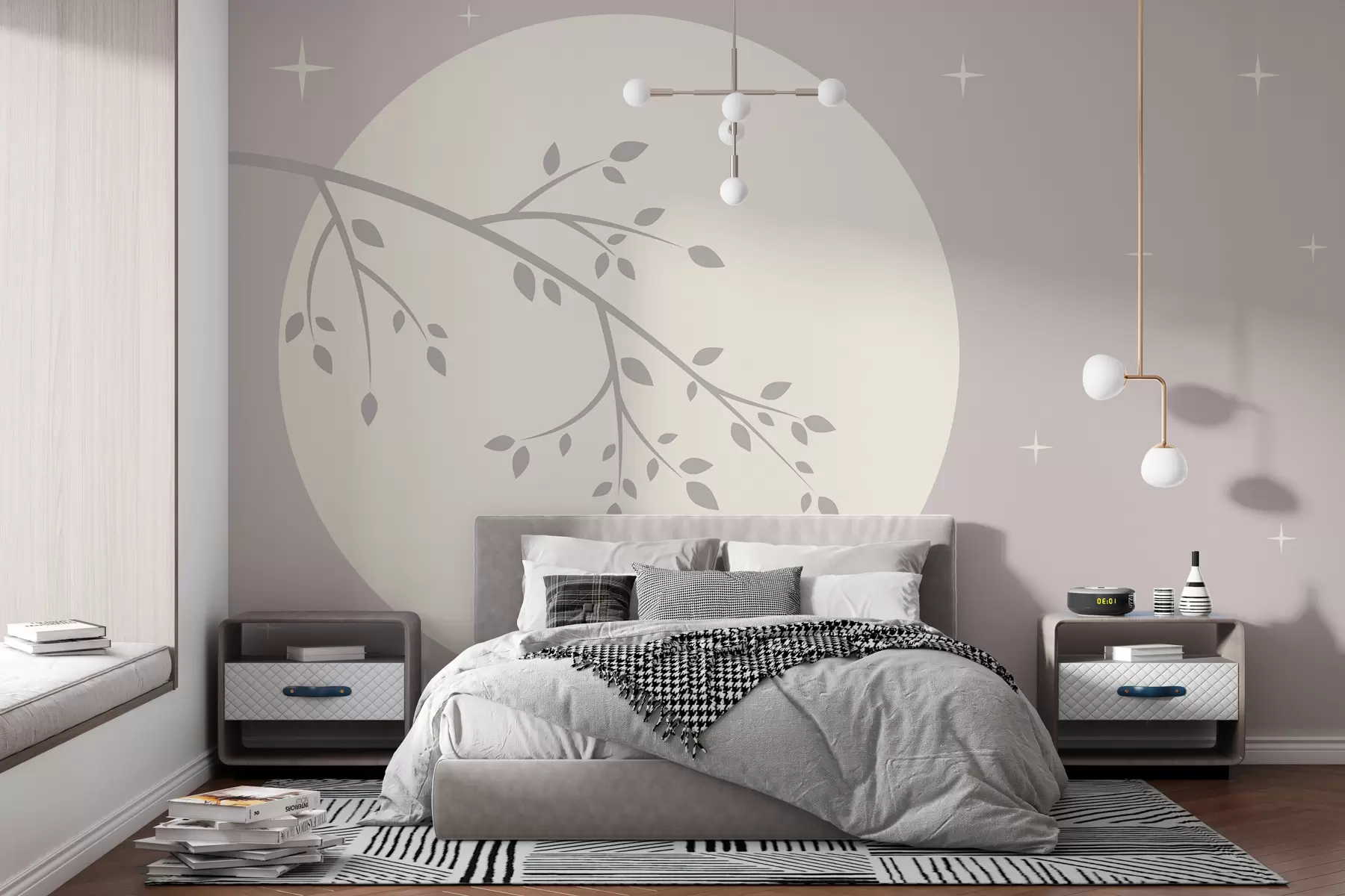 wall murals Abstract pattern with branch and stars in beige color w08018