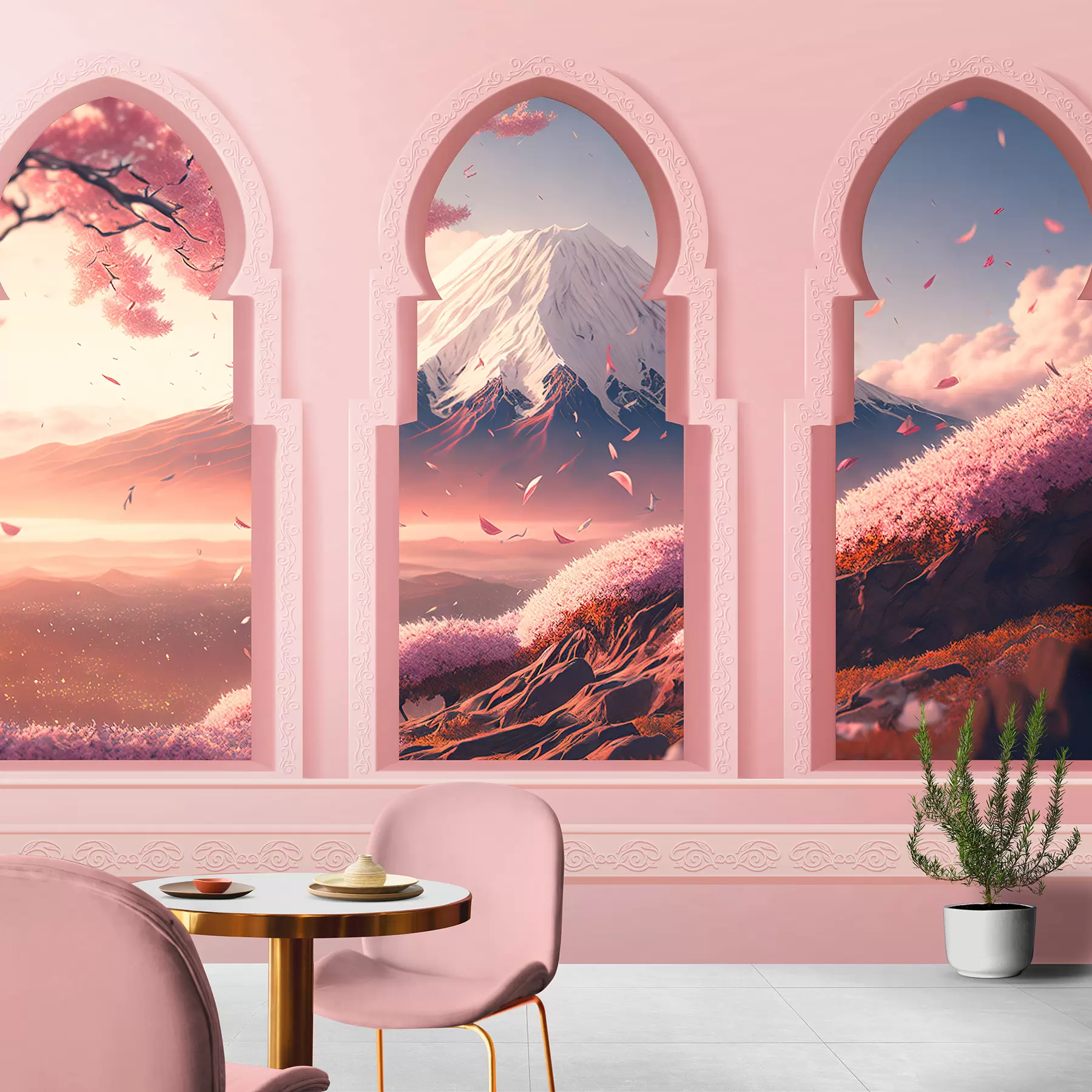 wall murals Large oriental-style windows with amazing views of Mount Fuji in soft peach color w08082